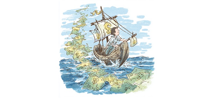 AI-generated cartoon of a sailor on a wooden boat with dollar bills for sails and money flying everywhere